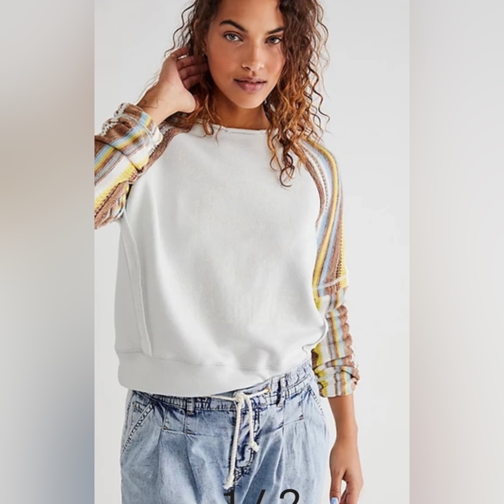 Free People White Sweater with Multicolor Striped Sleeves